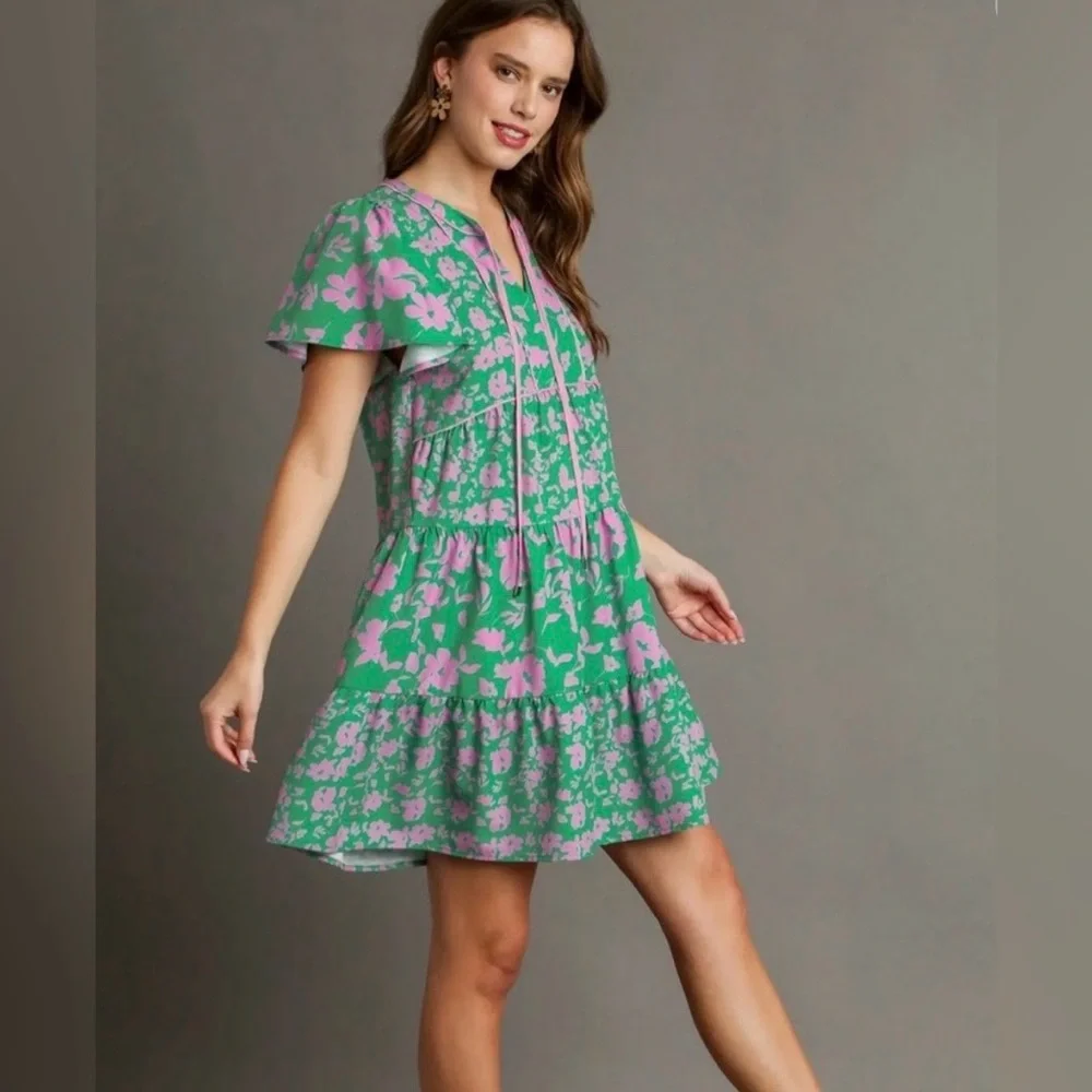 Umgee Green & Pink Floral Ruffle Dress Size Large - Picture 2 of 5